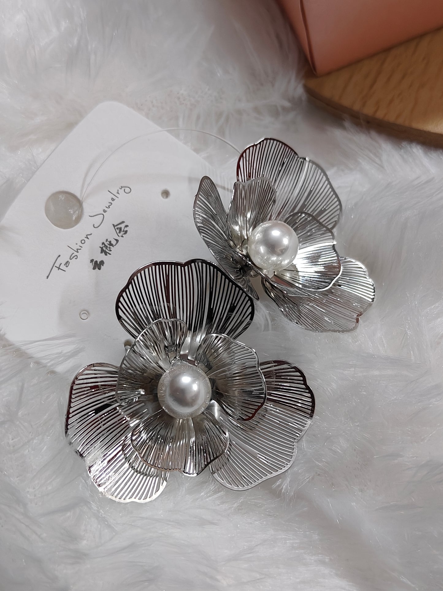Translucent Petal & Pearl Earrings in Silver