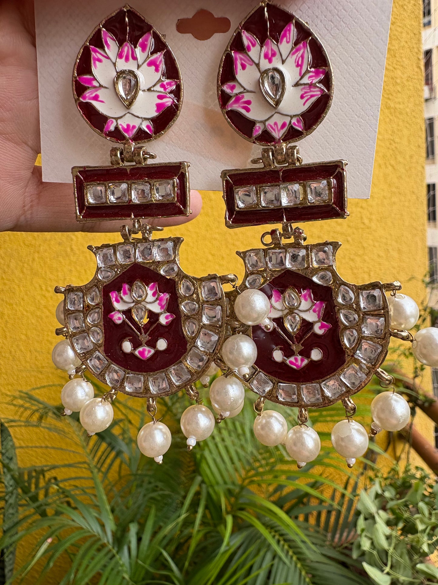 Gulabi Vaani - Hand-Painted Meenakari & Pearl Earrings