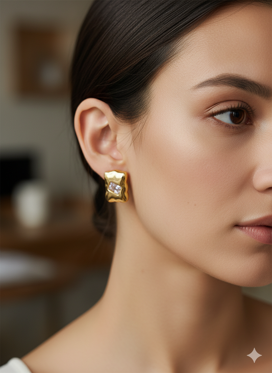 Textured Gold Stud Earring with Gemstone Detail