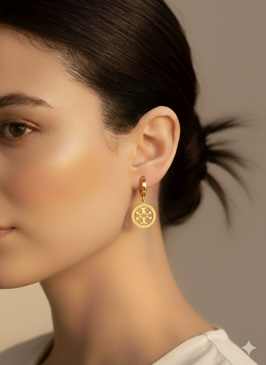 Designer-Inspired Medallion Huggie drop earrings