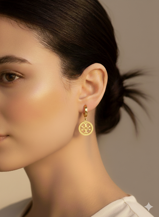 Designer-Inspired Medallion Huggie drop earrings