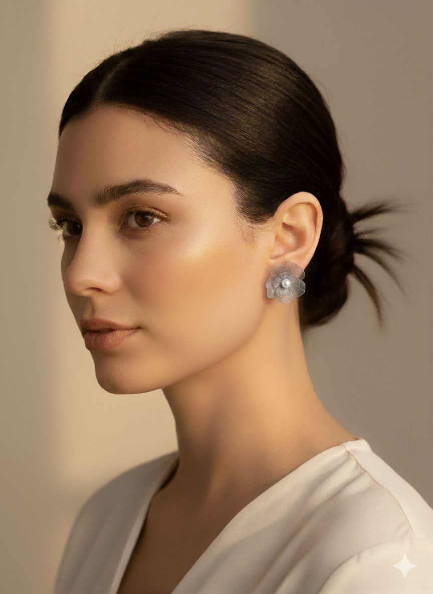 Translucent Petal & Pearl Earrings in Silver
