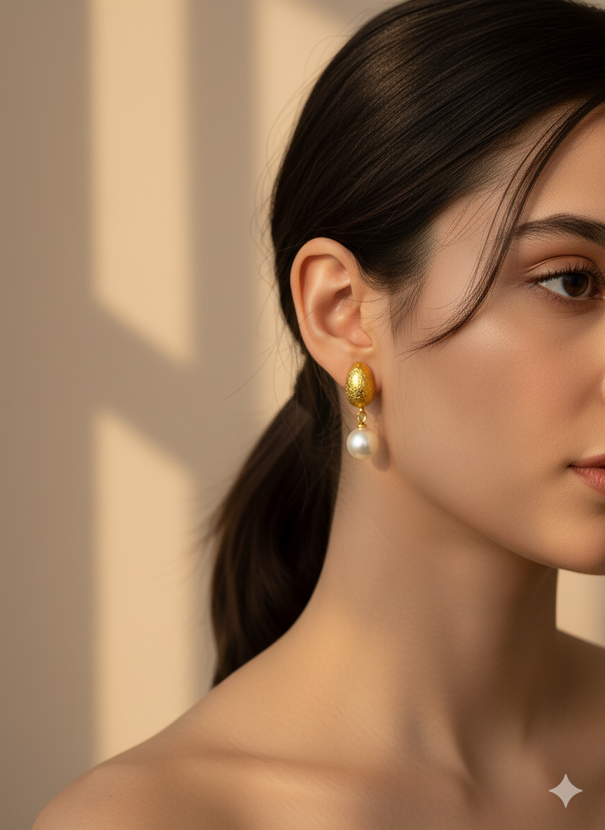 Heritage Elegance - Textured Gold & Pearl Drop Earrings