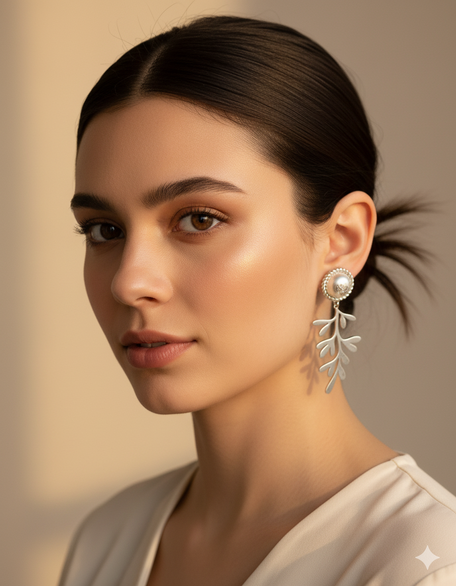 Luminous Pearl & Silver Leaf Dangle Earrings