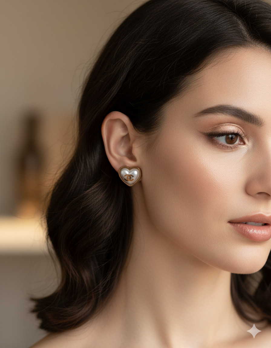 Classic Pearlescent Heart Studs with CC Emblem