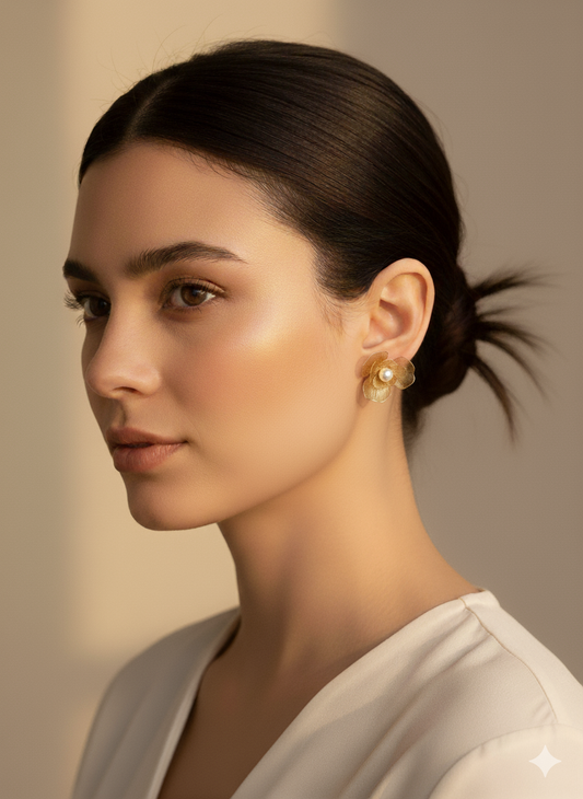 Translucent Gold Flower drop earrings with Pearl