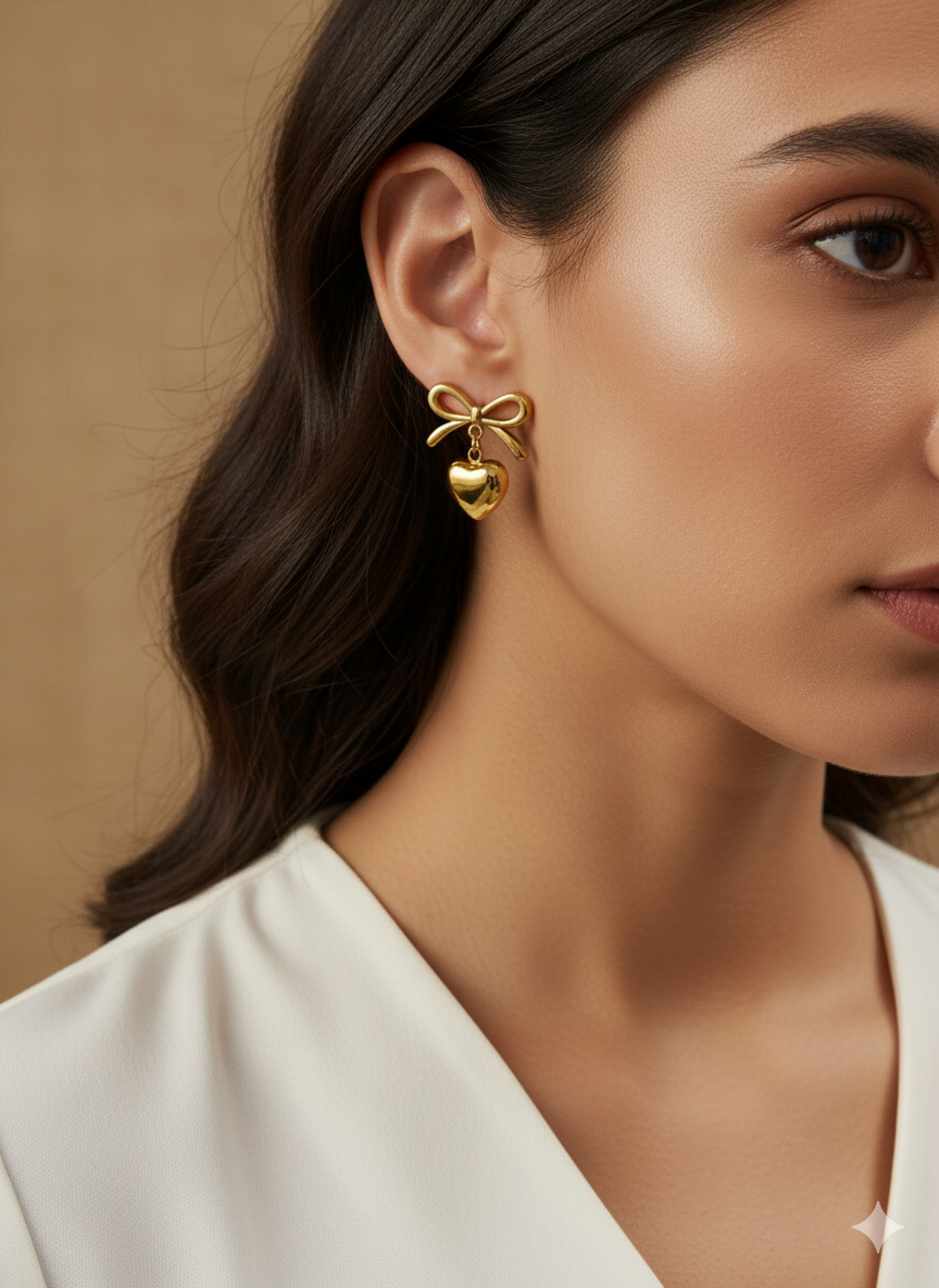 Tied with Love - Gold Bow & Heart Earrings