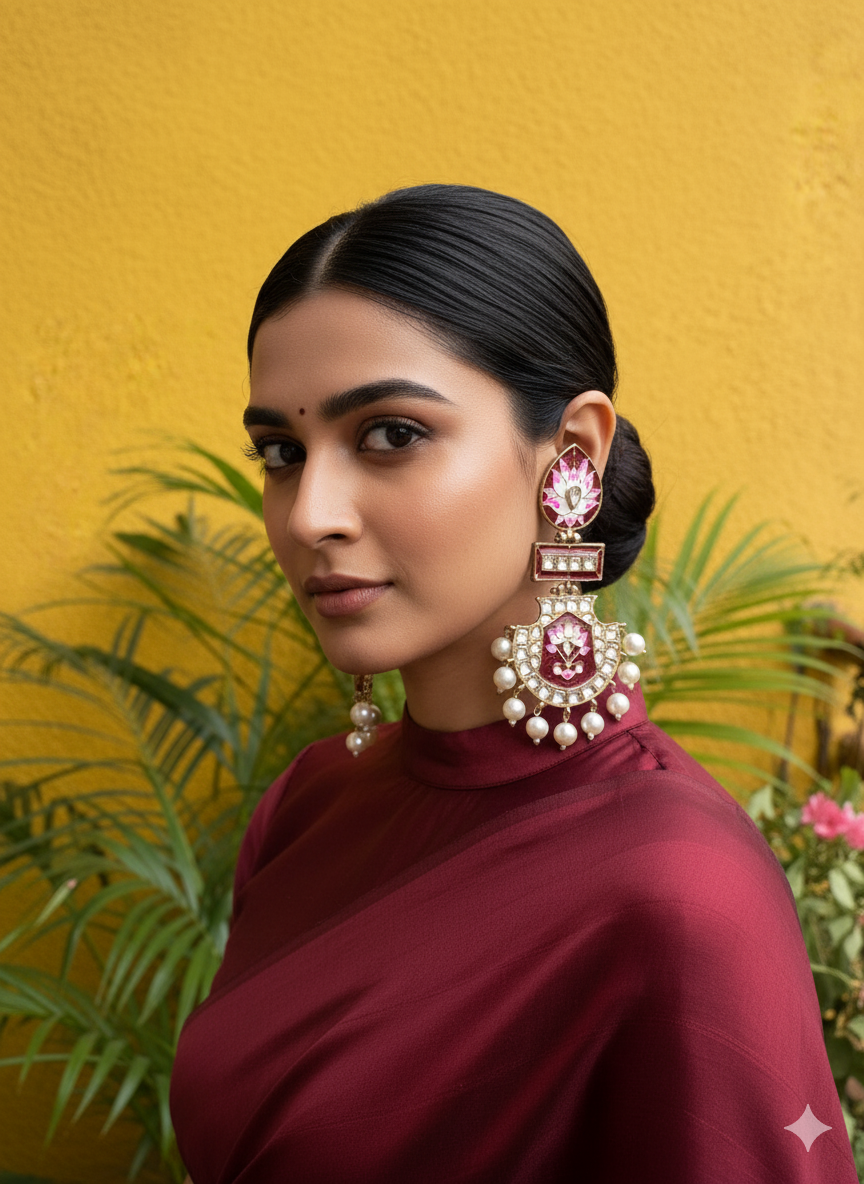 Gulabi Vaani - Hand-Painted Meenakari & Pearl Earrings
