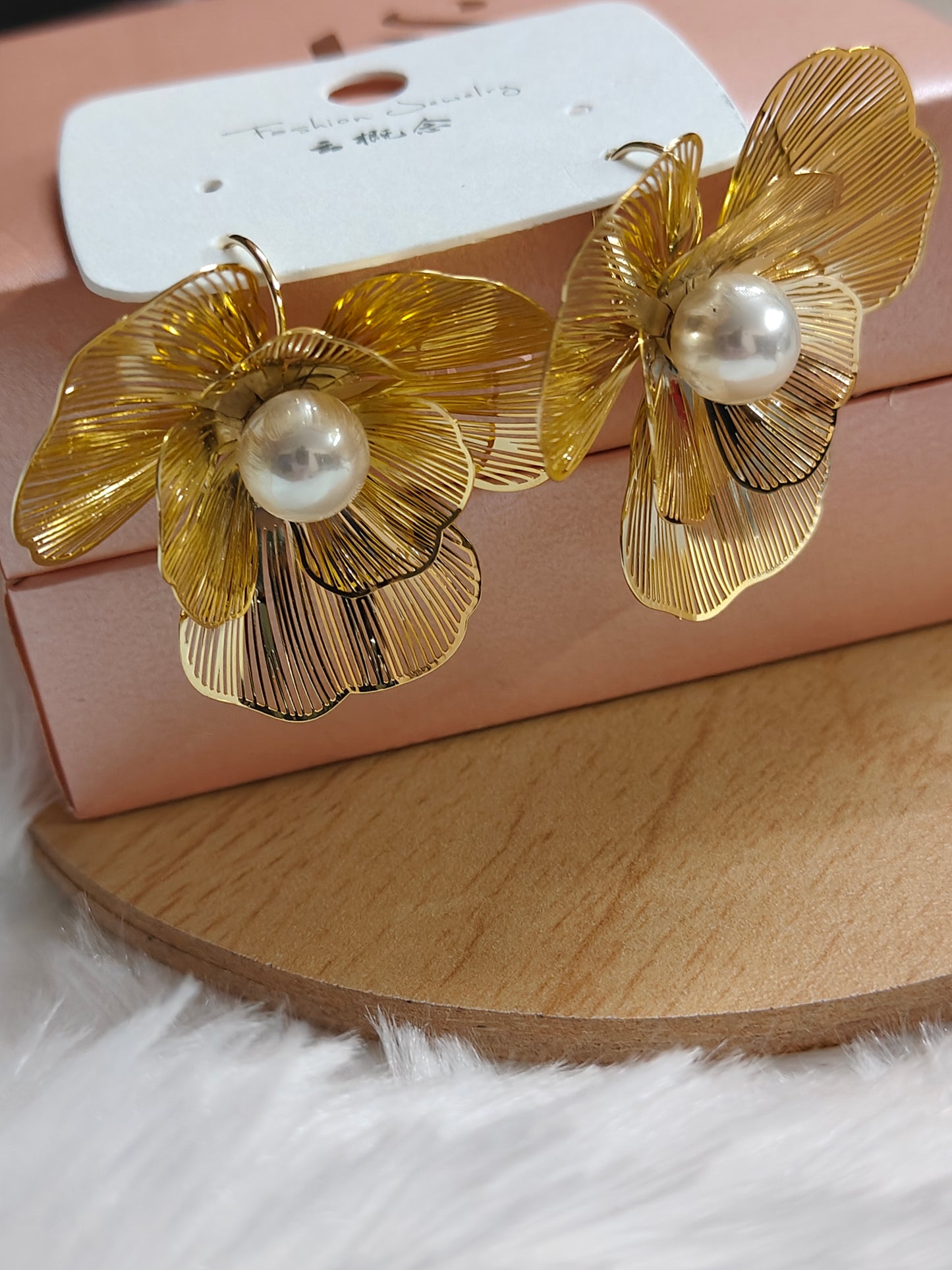 Translucent Gold Flower drop earrings with Pearl